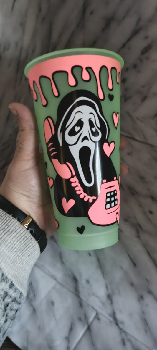 Scream inspired glow in the dark 24oz cold cup with lid and straw