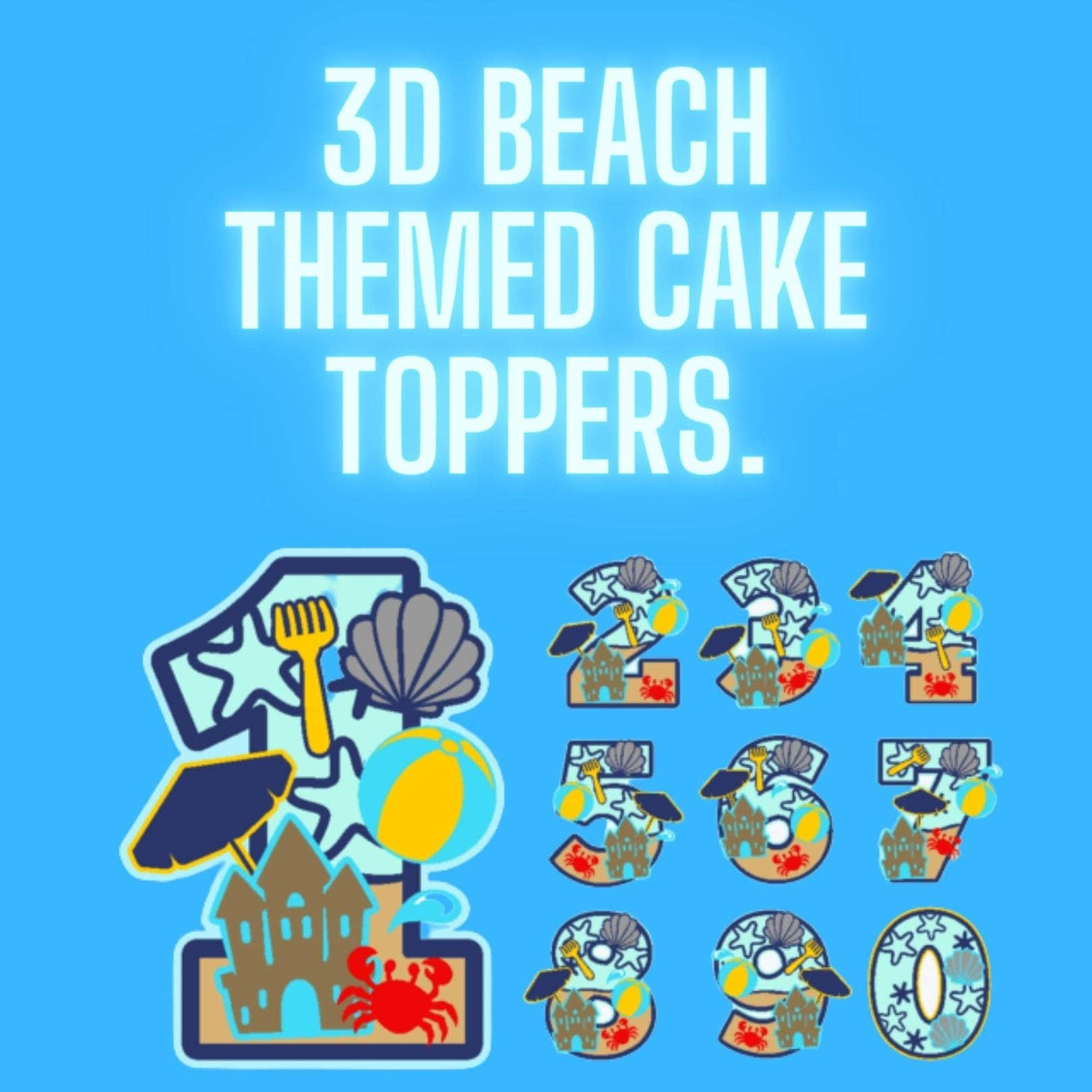 3D number beach themed cake topper, 3d personalised name , birthdays, cake toppers, celebrations, kids birthday, themed birthdays, 3d topper neuroversecreations