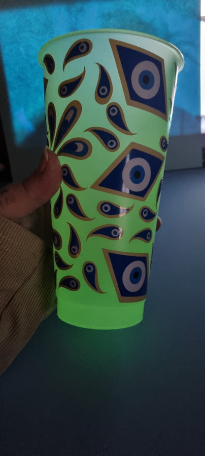 Evil eye glow in the dark cold cup, 24oz tumbler with lid and straw, keep the negative energy away wherever you go. neuroversecreations