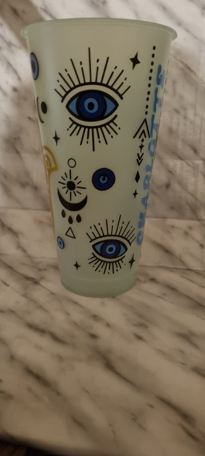 Hamza evil eye cold cup 24oz glow in the dark tumbler with lid and straw protect your energy. neuroversecreations