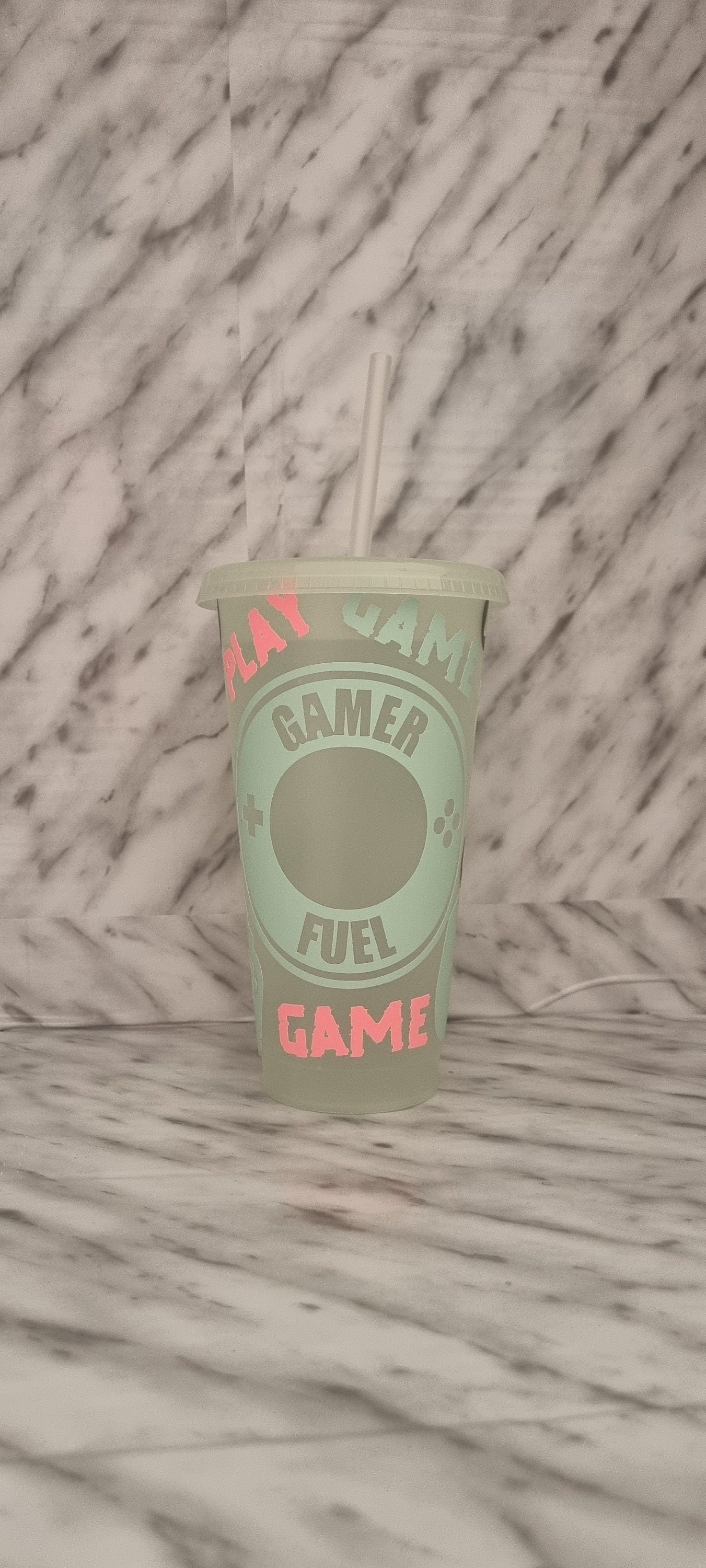 gamer fuel glow in the dark 24oz cold cup, tumbler with lid and straw, all glow in the dark multi colours, personalised name, xbox, ps4, ps5 neuroversecreations