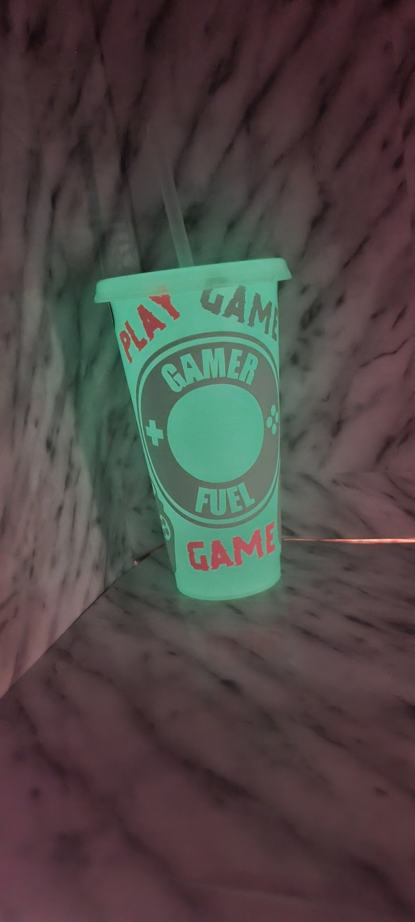 gamer fuel glow in the dark 24oz cold cup, tumbler with lid and straw, all glow in the dark multi colours, personalised name, xbox, ps4, ps5 neuroversecreations