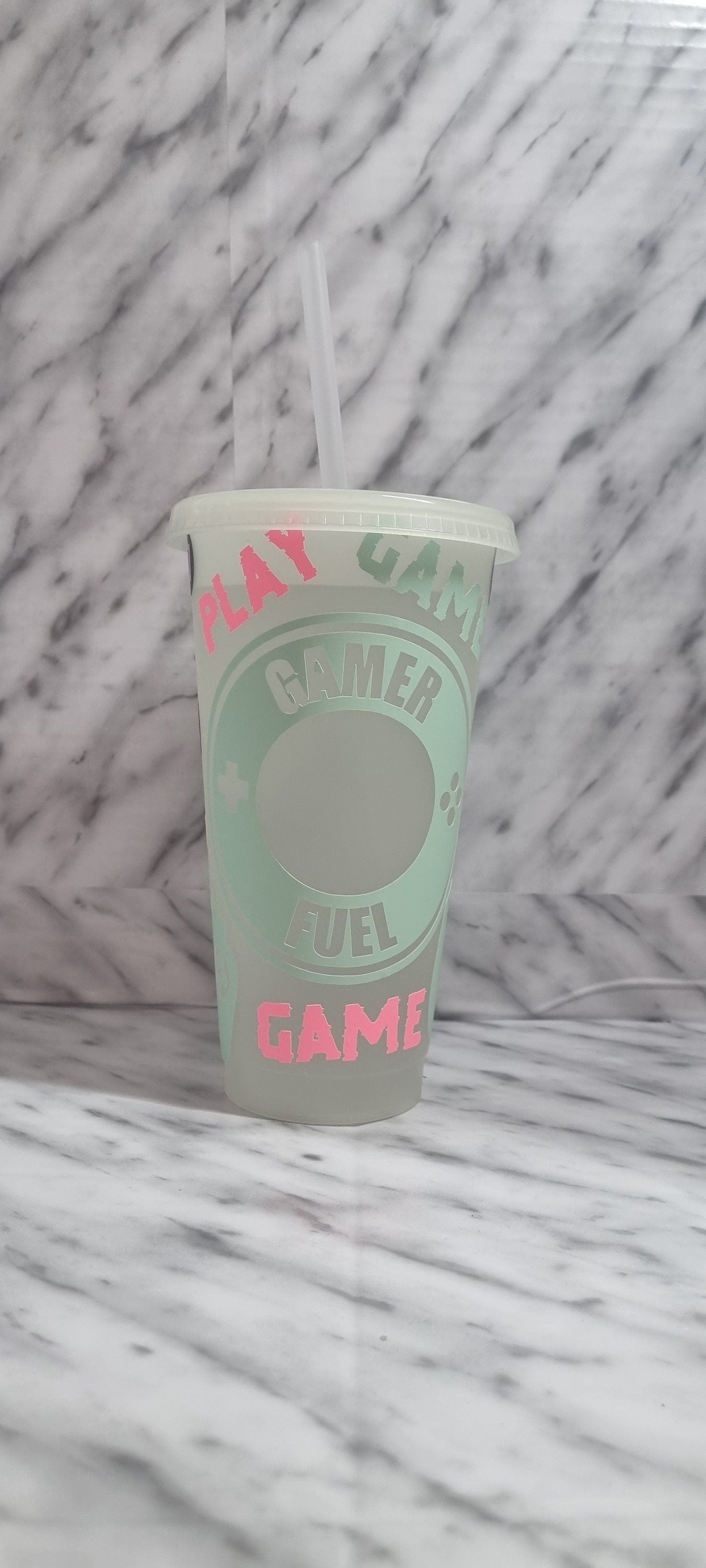 gamer fuel glow in the dark 24oz cold cup, tumbler with lid and straw, all glow in the dark multi colours, personalised name, xbox, ps4, ps5 neuroversecreations