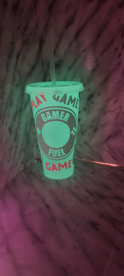 gamer fuel glow in the dark 24oz cold cup, tumbler with lid and straw, all glow in the dark multi colours, personalised name, xbox, ps4, ps5 neuroversecreations