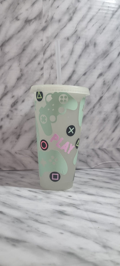 gamer fuel glow in the dark 24oz cold cup, tumbler with lid and straw, all glow in the dark multi colours, personalised name, xbox, ps4, ps5 neuroversecreations