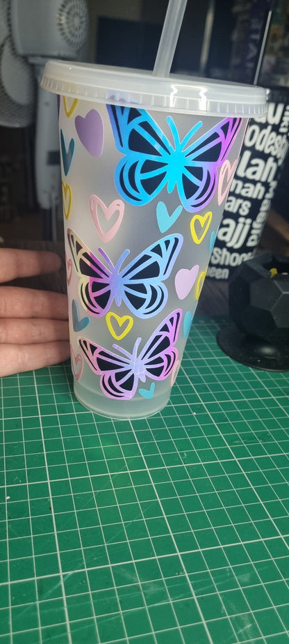 hearts and butterflies ,24oz cold cup, holographic and pastel hearts personalised, tumbler, reuseable, iced coffee, summer tumbler neuroversecreations