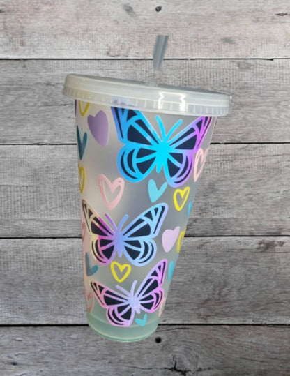 hearts and butterflies ,24oz cold cup, holographic and pastel hearts personalised, tumbler, reuseable, iced coffee, summer tumbler neuroversecreations