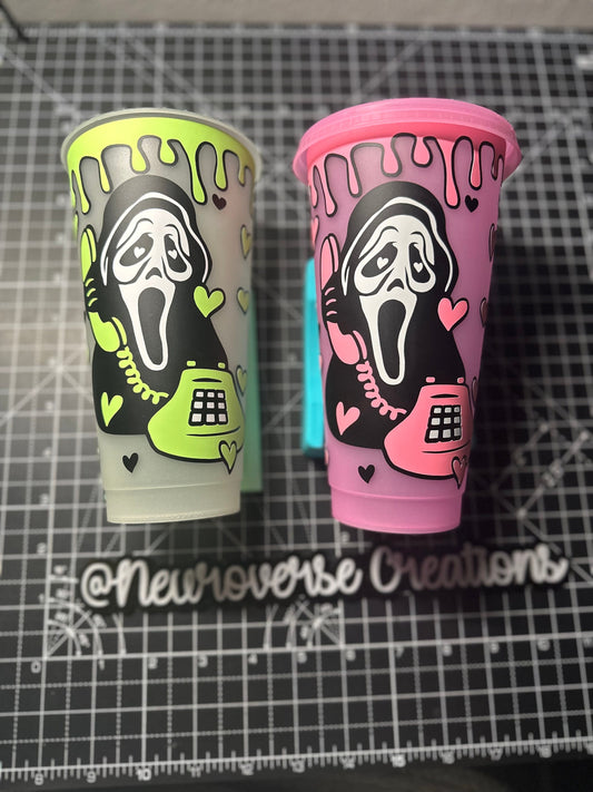 Scream inspired glow in the dark 24oz cold cup|| tumbler with lid and straw, glow in the dark pink and green, personalised , horror film