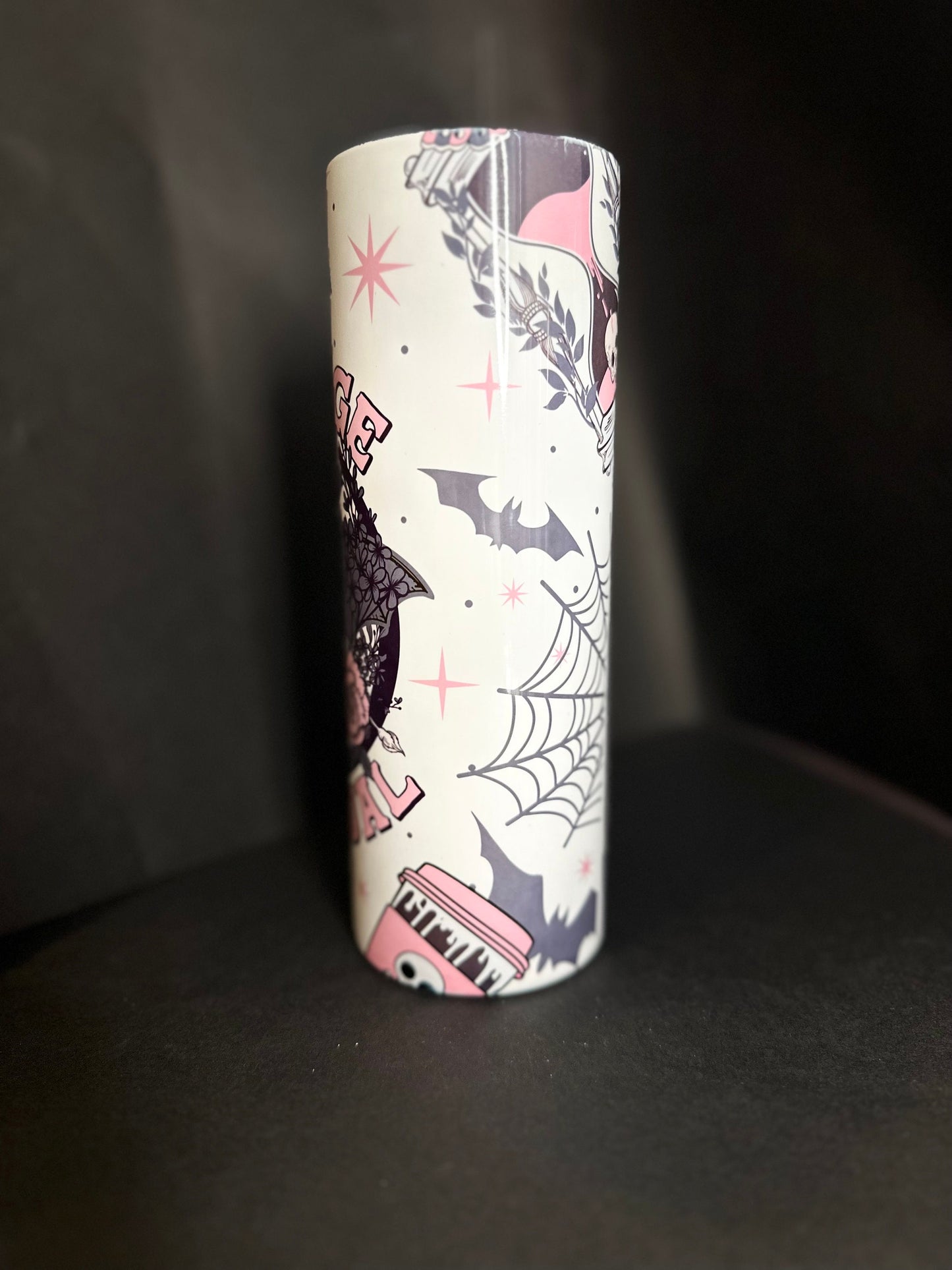 Strange and unusual thermal 20oz skinny tumbler// gothic, pastel goth, floral, bats, stars, spider web, spooky, halloween, mental health