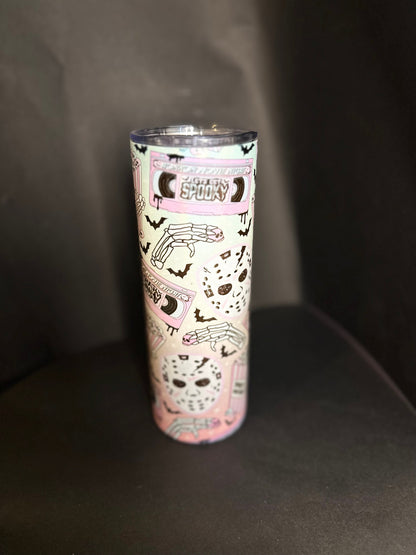 Spooky film 20oz thermal skinny tumbler// spooky fan girl, pastel goth, skeleton hands, skull, jason mask, spooky season, horror fan girl.