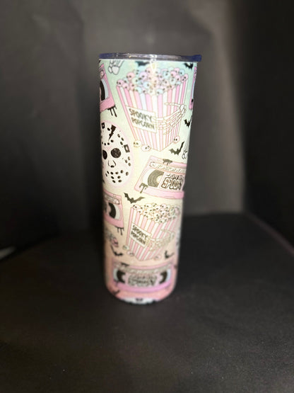 Spooky film 20oz thermal skinny tumbler// spooky fan girl, pastel goth, skeleton hands, skull, jason mask, spooky season, horror fan girl.