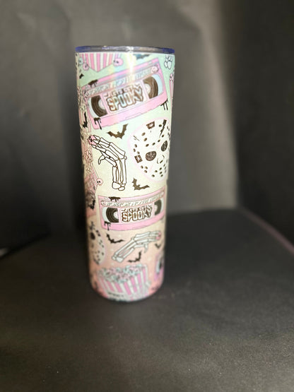 Spooky film 20oz thermal skinny tumbler// spooky fan girl, pastel goth, skeleton hands, skull, jason mask, spooky season, horror fan girl.