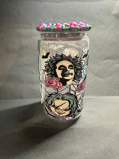 horror villains 16oz libby glass cup with rhinestones and pearled bamboo lid and straw// horror films, scary movies, horror junkie, uvdtf.