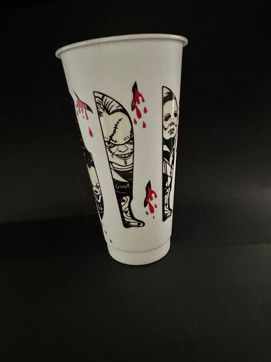 Horror knife villains  24oz cold cup// tumbler with lid and straw, horror film, scary movie, halloween, murder shows, reusable, uvdtf