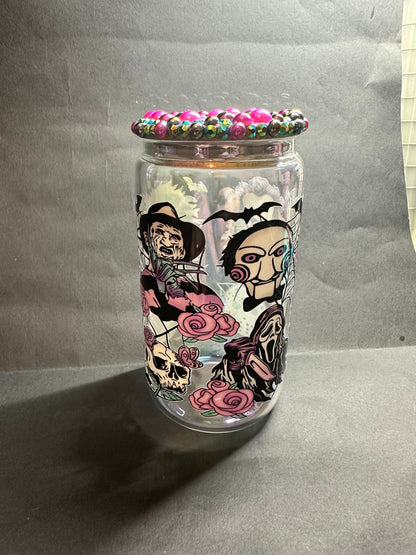 horror villains 16oz libby glass cup with rhinestones and pearled bamboo lid and straw// horror films, scary movies, horror junkie, uvdtf.