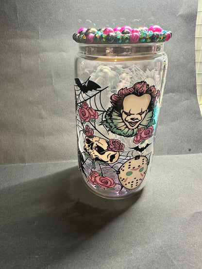 horror villains 16oz libby glass cup with rhinestones and pearled bamboo lid and straw// horror films, scary movies, horror junkie, uvdtf.