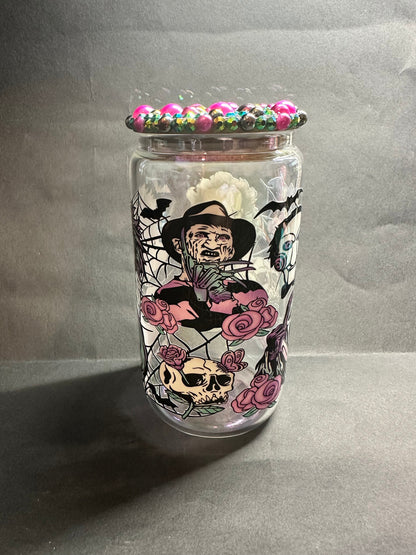 horror villains 16oz libby glass cup with rhinestones and pearled bamboo lid and straw// horror films, scary movies, horror junkie, uvdtf.