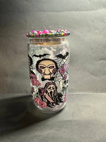 horror villains 16oz libby glass cup with rhinestones and pearled bamboo lid and straw// horror films, scary movies, horror junkie, uvdtf.