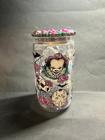 horror villains 16oz libby glass cup with rhinestones and pearled bamboo lid and straw// horror films, scary movies, horror junkie, uvdtf.