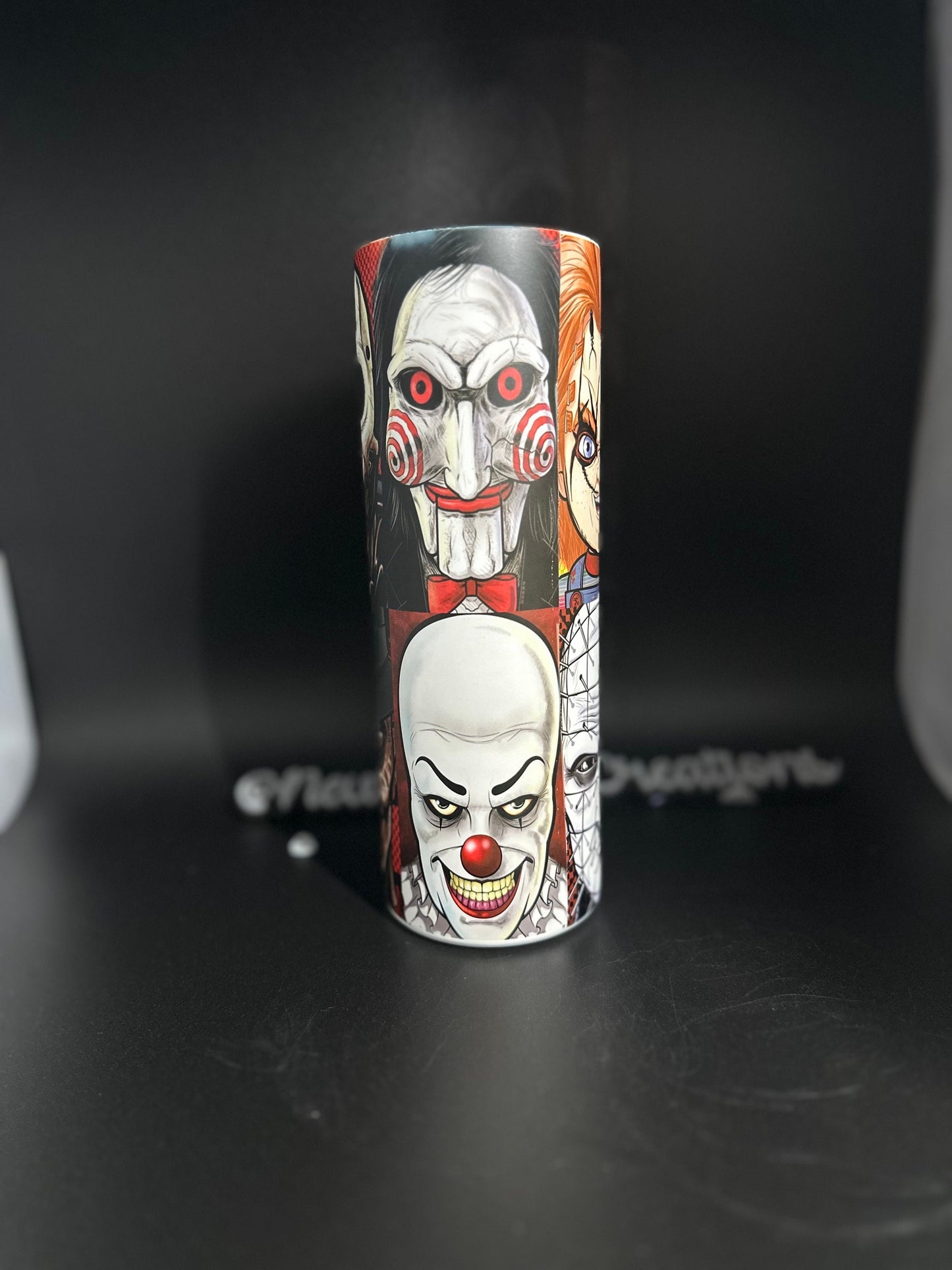 horror movie glow in the dark thermal skinny tumbler with lid and straw/ scary movies, horror, thrillers, scream, friday , it, jason, chucky