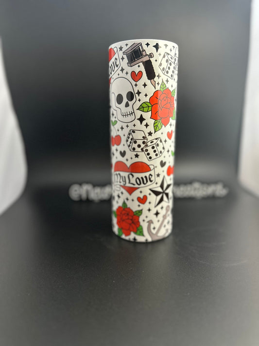 inked up thermal skinny tumbler with lid and straw/ gothic, old school, inked up, roses, hearts and scrolls, stars, diamonds, dice, tattooed