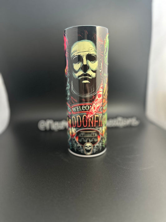 horror movie poster thermal skinny tumbler with lid and straw/ scary movies, horror, thrillers, scream, friday , it, jason, chucky