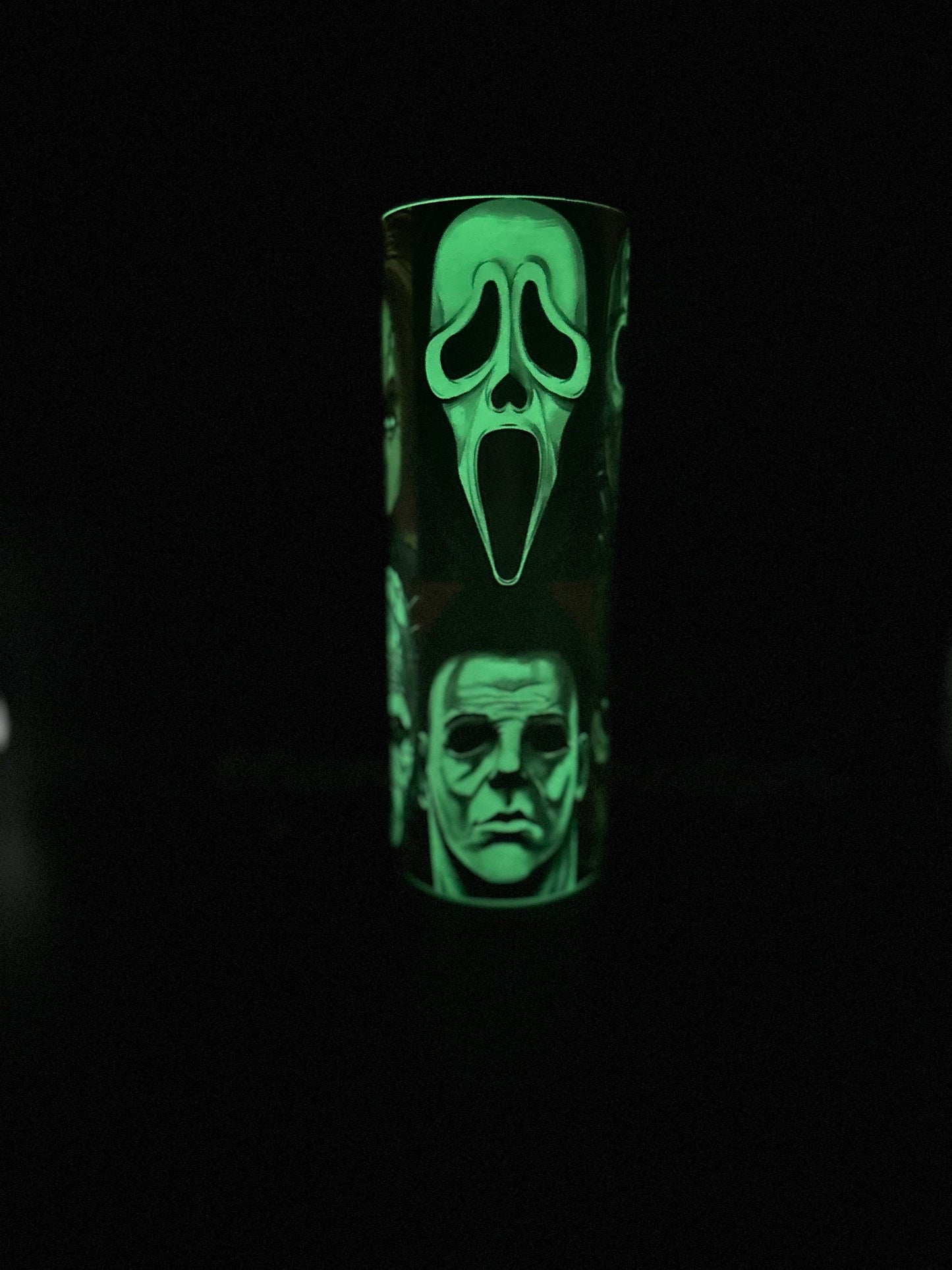 horror movie glow in the dark thermal skinny tumbler with lid and straw/ scary movies, horror, thrillers, scream, friday , it, jason, chucky