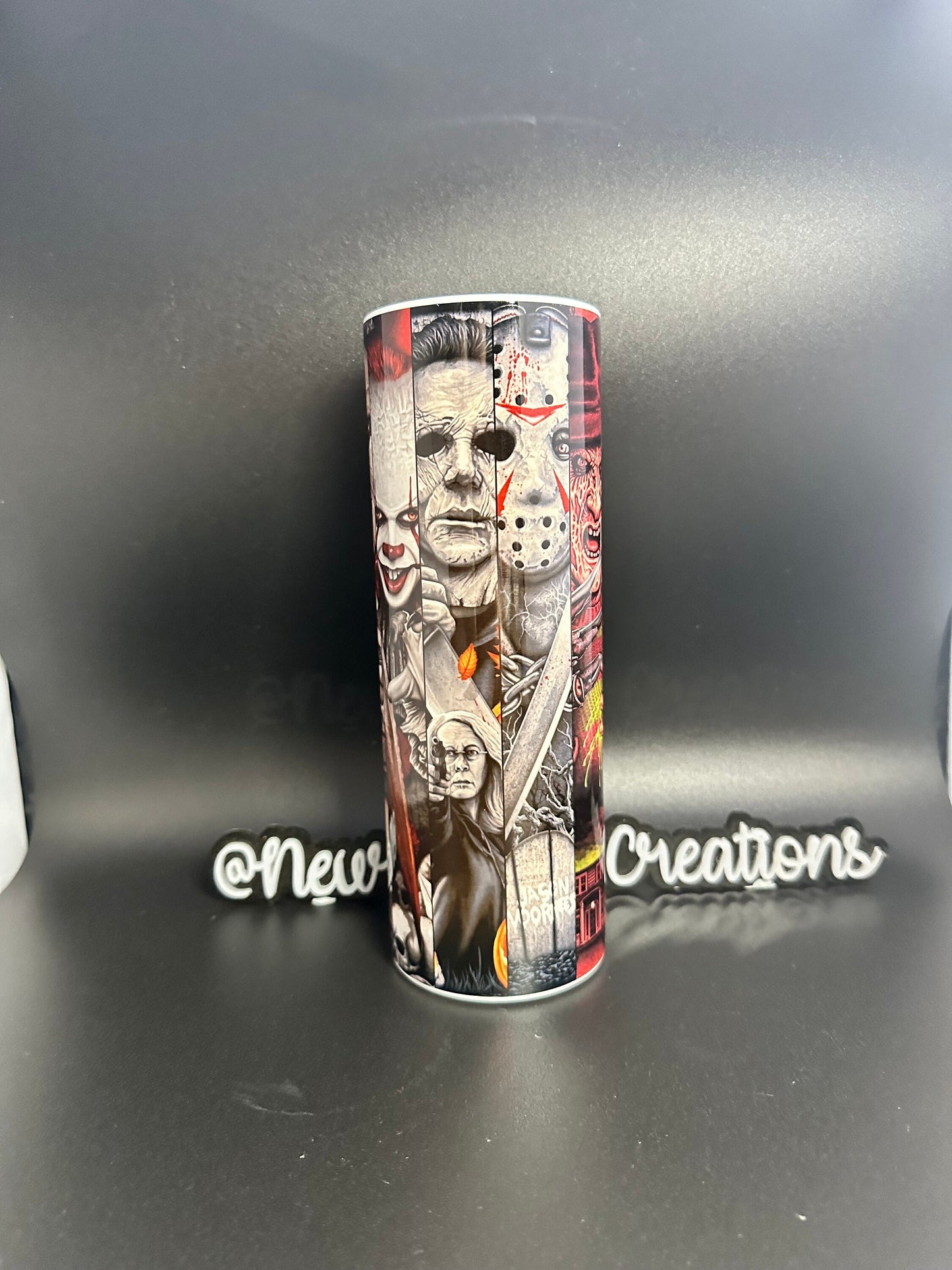 horror movie stripes thermal skinny tumbler with lid and straw/ scary movies, horror, thrillers, scream, friday , it, jason, chucky