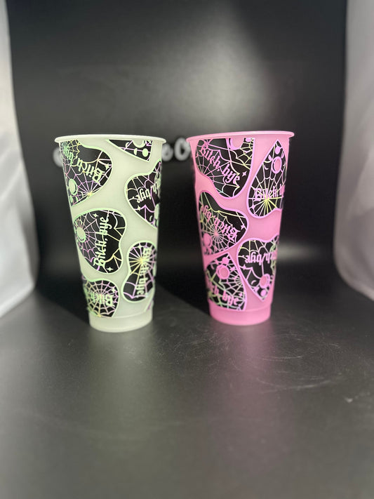 bye bitch 24oz glow in the dark cold cups with lid and straw// halloween, spooky vibes, glow in the dark, Ouija, witch, green , pink.