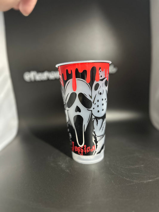 Horror villain drip 24oz cold cup with lid and straw// personalised , horror film, villains faces, blood drips, scary movie, scream, jason.