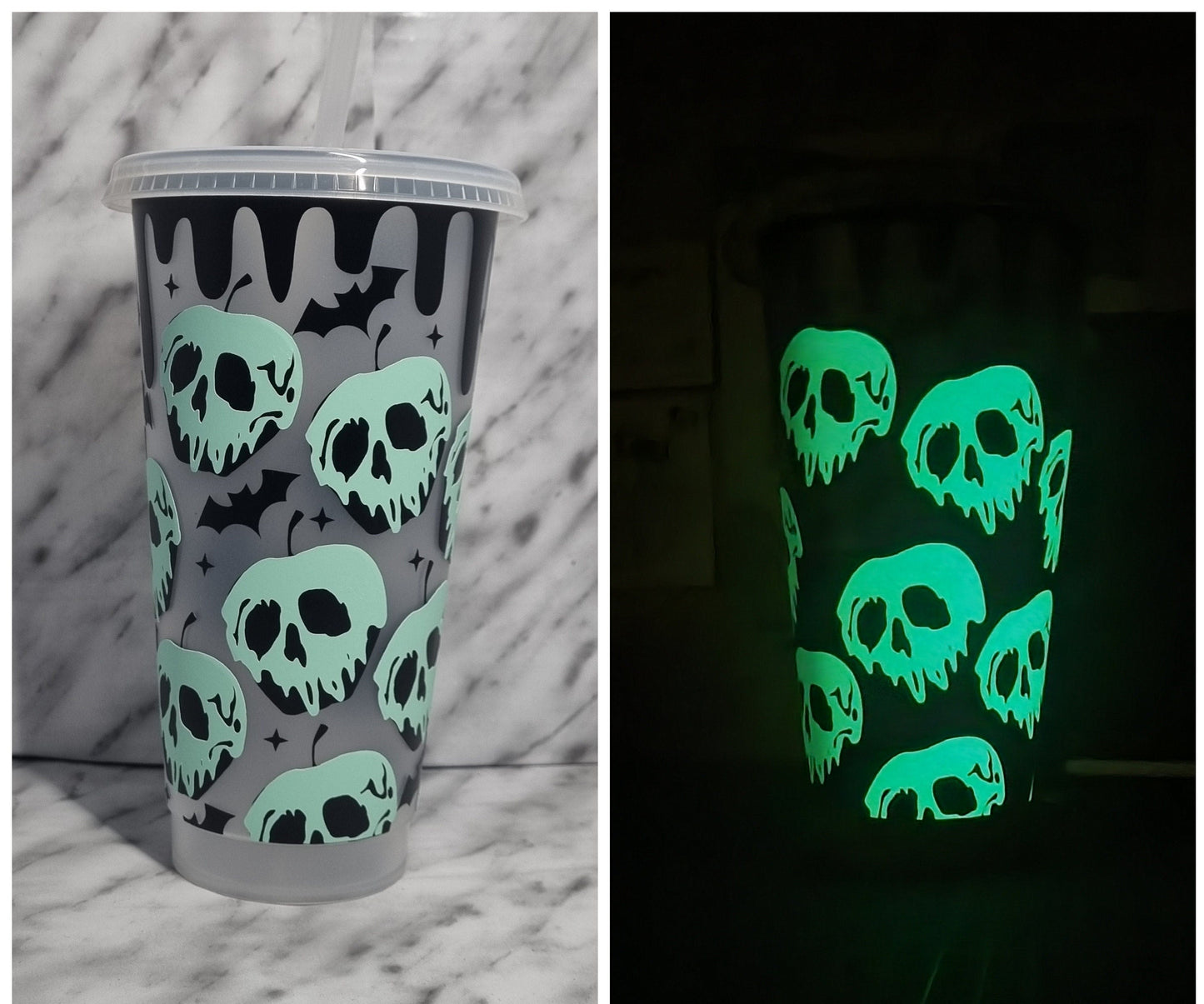 poison apple glow in the dark, 24oz cold cup, pale green and florescent green, Starbucks cup, tumbler with lid and straw, frosted clear cup neuroversecreations