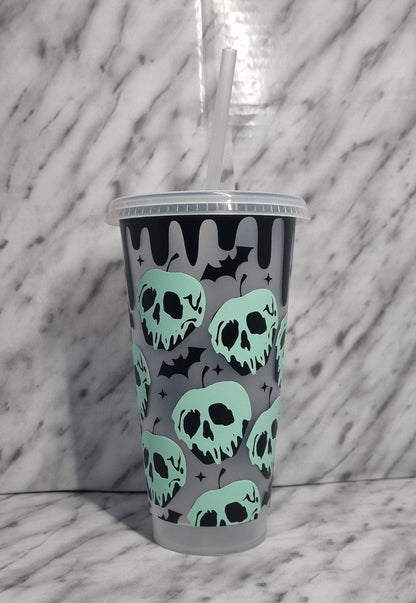 poison apple glow in the dark, 24oz cold cup, pale green and florescent green, Starbucks cup, tumbler with lid and straw, frosted clear cup neuroversecreations