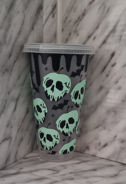 poison apple glow in the dark, 24oz cold cup, pale green and florescent green, Starbucks cup, tumbler with lid and straw, frosted clear cup neuroversecreations